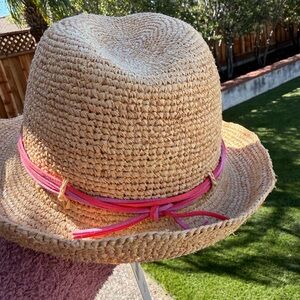 NWT Hat Attack Natural Straw Fedora with Pink Band